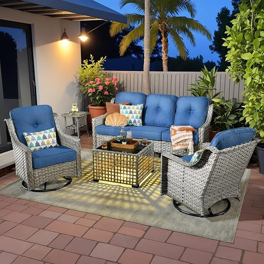 5 Pieces Patio Outdoor Furniture Set with Swivel Rocking Chairs,All Weather Wicker Rattan Patio Seating Sofa and Chair Set w/Glowing Table,Outdoor Conversation Sets for Deck Yard Garden,Blue