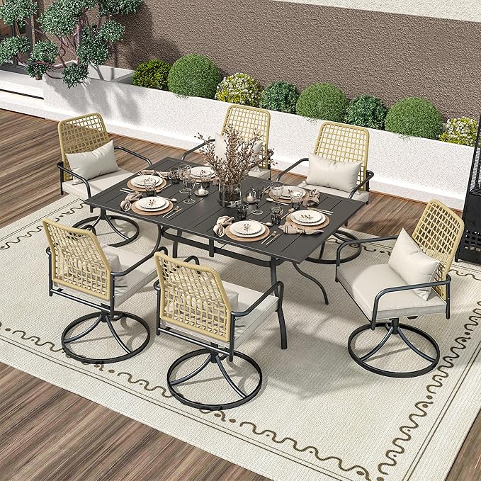 7-Piece Outdoor Dining Set, Swivel Chairs with Cushions, Black Metal Frame with Wicker, Rectangular Table, Patio Furniture