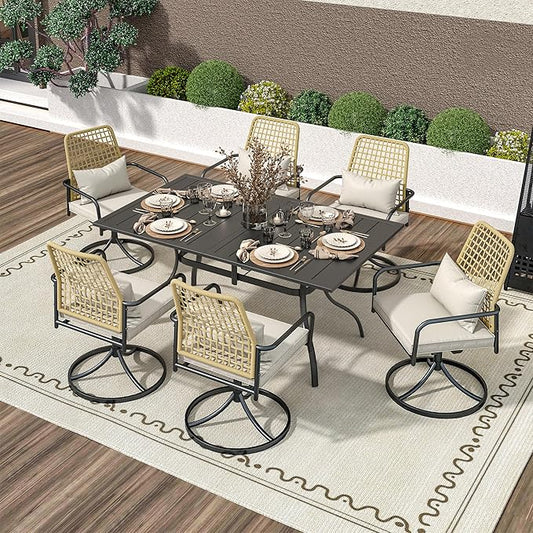 7-Piece Outdoor Dining Set, Swivel Chairs with Cushions, Black Metal Frame with Wicker, Rectangular Table, Patio Furniture