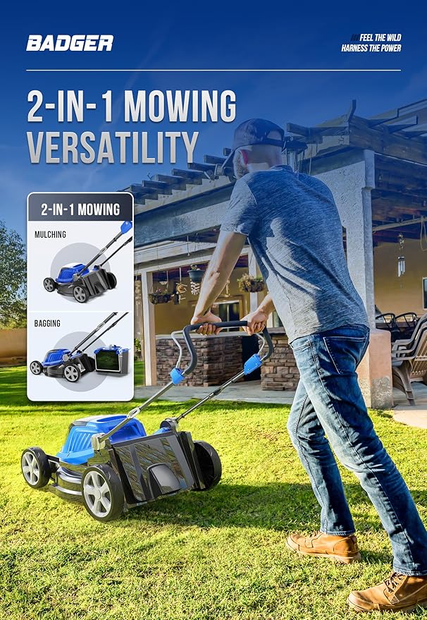 WILD BADGER POWER Lawn Mower 40V Brushless 16" Cordless, 5 Cutting Height Adjustments, Electric Lawn Mower, Quickly Folding Within 5’s, 20V*2 4.0AH Battery and Super Charger Included.