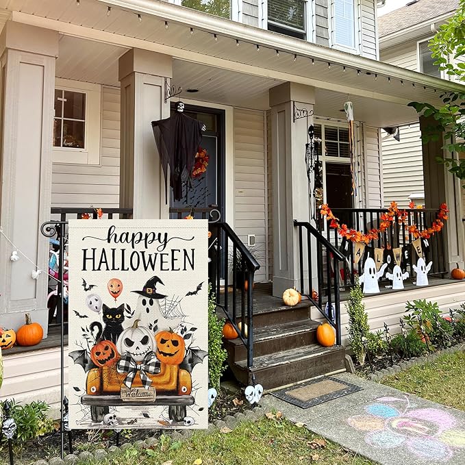 Louise Maelys Happy Halloween Garden Flag Black Cat Ghost Pumpkin Truck 12x18 Inch Double Sided Boo Holiday Seasonal Welcome Fall Autumn Small Burlap Yard Sign Outside Outdoor House Decor