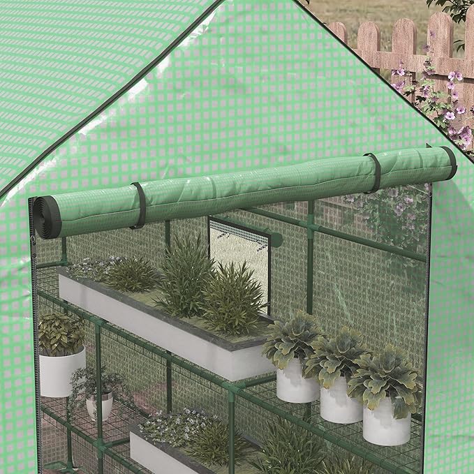 Outsunny 4.6' x 4.7' Portable Greenhouse, Water/UV Resistant Walk-in Small Outdoor Green House with 2 Tier U-Shaped Flower Rack Shelves, Roll Up Door & Windows, Green