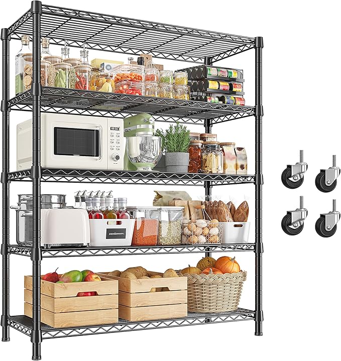 REIBII 1984LBS Storage Shelves with Wheels 75.2"H Wire Shelving Unit, Metal Shelving with Wheels & Feet, 5 Tier Adjustable Metal Dorm Storage Shelves for Pantry Kitchen Garage, 75.2"H x 35.5"W x 16"D