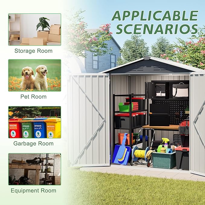 6 x 4 FT Outdoor Storage Shed with Floor Base & Lockable Hinge Door,Metal Garden Shed W/Sloped Roof,for Backyard Patio Lawn,Gray