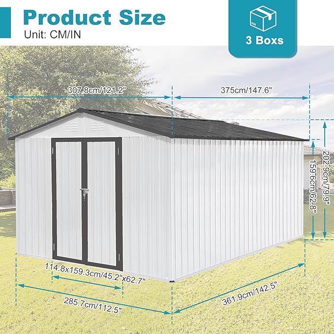 Sheds & Outdoor Storage 12 ft × 10 ft Storage Shed Large Classic Apex Roof Metal Garden Storage Sheds with Hinged Door Tool Cabinet for Backyard, Patio, Poolside, White + Gray