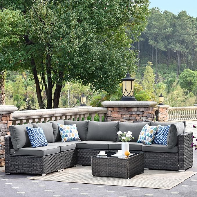HOOOWOOO 7 Piece Patio Sectional Furniture Set,Modern Wicker Outdoor Conversation Sofa Sets,Weather Resistant Modular L Shaped Outside Couch Table Set(Charcoal Gray)