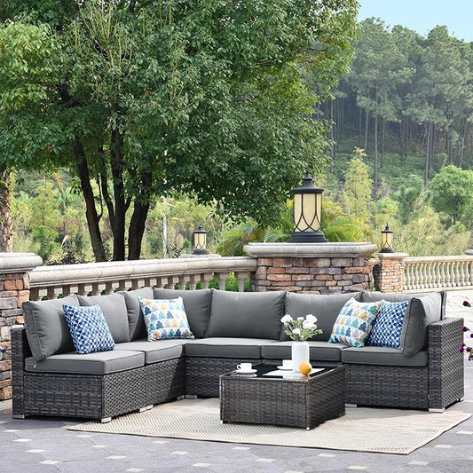 HOOOWOOO 7 Piece Patio Sectional Furniture Set,Modern Wicker Outdoor Conversation Sofa Sets,Weather Resistant Modular L Shaped Outside Couch Table Set(Charcoal Gray)