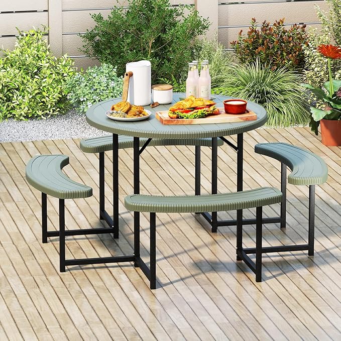 Tangkula 8 Person Picnic Table, HDPE Outdoor Round Table and Bench Set with 4 Built-in Benches, Umbrella Hole, Metal Frame for Garden Yard Patio Lawn