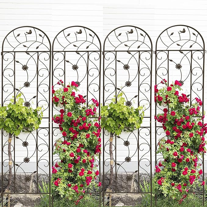 4 Pack Metal Garden Trellis 86.7" Tall Outdoor Climbing Plant Support for Roses, Flowers, Rustproof Durable Black Galvanized Tube, Lawn Garden Fence Decor Screen (4, Retro-86.7" H)