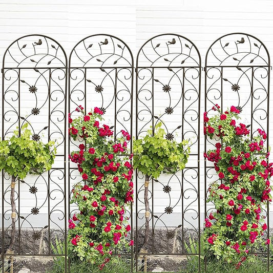 4 Pack Metal Garden Trellis 86.7" Tall Outdoor Climbing Plant Support for Roses, Flowers, Rustproof Durable Black Galvanized Tube, Lawn Garden Fence Decor Screen (4, Retro-86.7" H)