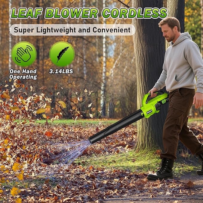 RYAHT Leaf Blower Cordless, 21V Powerful Electric Leaf Blower with 2 X 4.0Ah Batteries and Charger, 2 Speed Modes, Handheld Lightweight Leaf Blowers for Lawn Care, Patio, Dust, Blowing Leaves- Green
