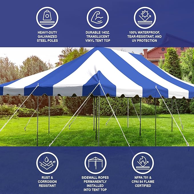 Party Tents Direct 20'x 30' Weekender Canopy Pole Tent with Sidewalls - Easy Up Canopy Tent with 120 Person Capacity - Outdoor Canopies for Parties, Weddings, and Events (Blue/White)