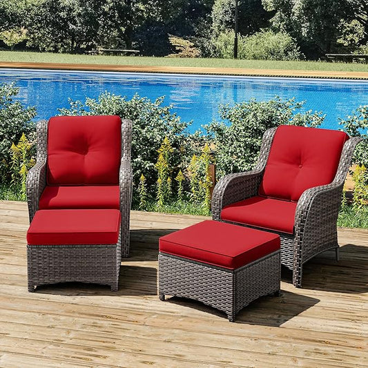 Joyside 4 Pieces Outdoor Patio Furniture Set Wicker Conversation Bistro Set 2 PE Wicker Patio Chairs with 2pcs Ottomans for Backyard, Porch, Balcony(Mixed Grey/Red)