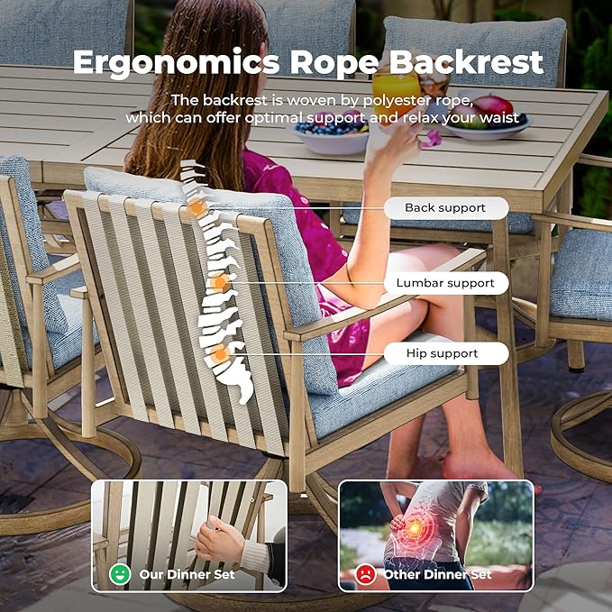 HAPPATIO 9-Piece Patio Dining Set for 8, Aluminum Outdoor Dining Set with Cushions, 8 Swivel Dining Chairs, 1 Large Rectangular Table with Umbrella Hole for Lawn, Porch, Backyard, Brown