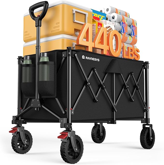 Collapsible Foldable Wagons, 440lbs Capacity Wagons Carts Foldable with All-Terrain Wheels, Heavy Duty Foldable Wagon, Utility Wagon Carts with Brakes for Camping, Sports, Shopping, Beach, Black