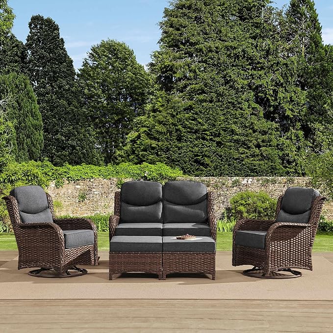HILLGA Luxury High Back Patio Furniture Set with 6-Inch Thick Cushion, 5-Piece Outdoor Conversation Set with Loveseat, Swivel Rocker Chairs & Ottomans, Ideal for Porch Pool Deck Yard (Dark Grey)