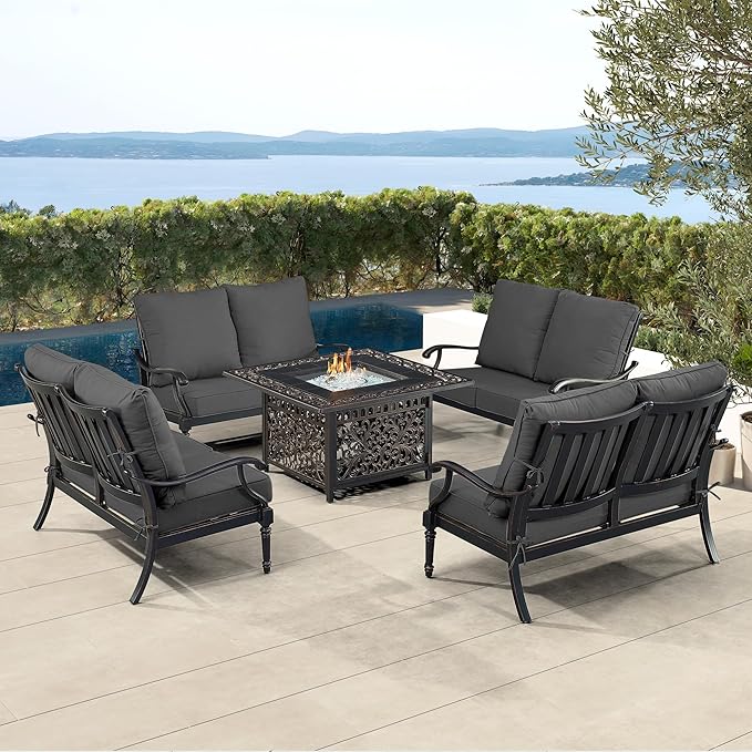 Oakland Living Black Aluminum Patio Fire Table Set with Four Deep Seating Loveseat with Cushions with Black Cushions
