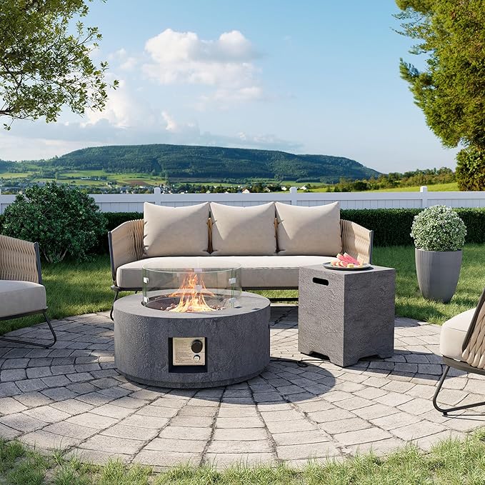 Cosiest Propane Fire Pit with Wind Guard&Tank Cover for Outside, 28 in Round Gas Fire Pits for Outdoor Patio, CSA Certified, 50000 BTU Concrete Rectangle Base with Rain Cover, Free Lava Rocks