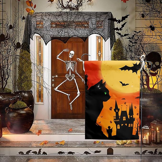 Black Cat Garden Flag 12 x 18 Halloween Cat with Green Eyes Decorative Flags for Outside Yard Decor Double Sided