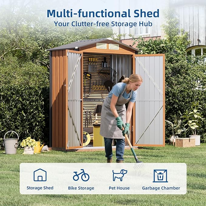 5x3FT Outdoor Storage Shed, Metal Garden Shed with Floor Base, Updated Frame Structure & Lockable Doors, Large Tool Shed for Backyard, Patio,Lawn,Utility & Bike Storage