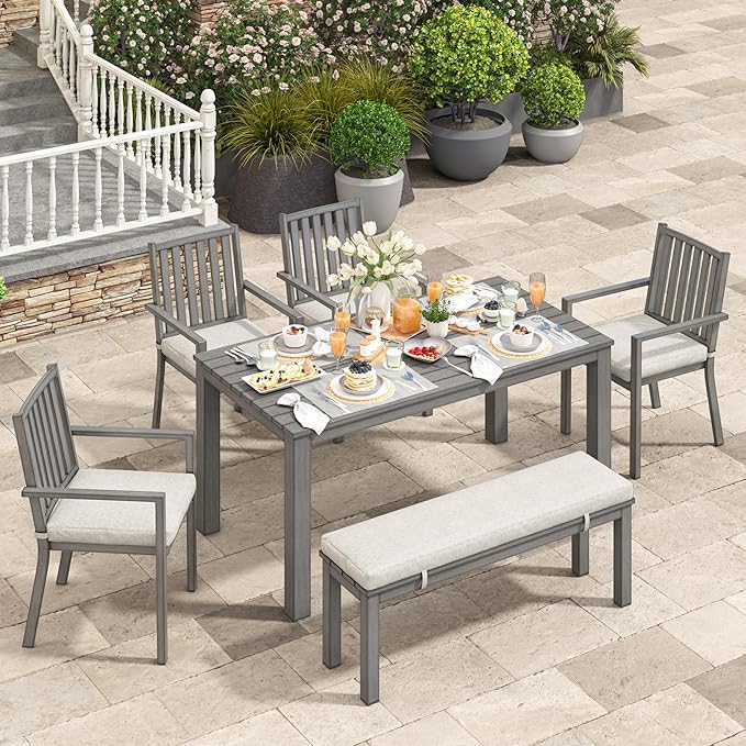 Wisteria Lane Aluminum 6 Pieces Patio Dining Sets, Outdoor Dining Table with 4 Chairs and Bench, Outdoor Patio Dining Furniture Set with Removable Cushion for Lawn, Garden, Backyard, Gray