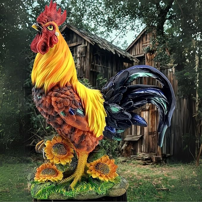 Bellaa 22977 Rooster Statue 12 inch Boho Home Decor Kitchen Gift Outdoor Sculpture Garden Patio Yard Figurine Farmhouse Animal Chicken Hen Sunflower Country Farm Barnyard Cabin Nature Lovers