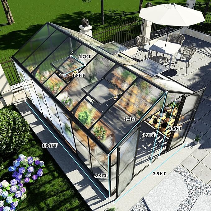 AMERLIFE 8x14x7FT Polycarbonate Greenhouse, Walk in Greenhouse with Quick-Connect System, Green House with 4 Vent Windows and Swing Door, Greenhouses for Outdoors, Glossy Black