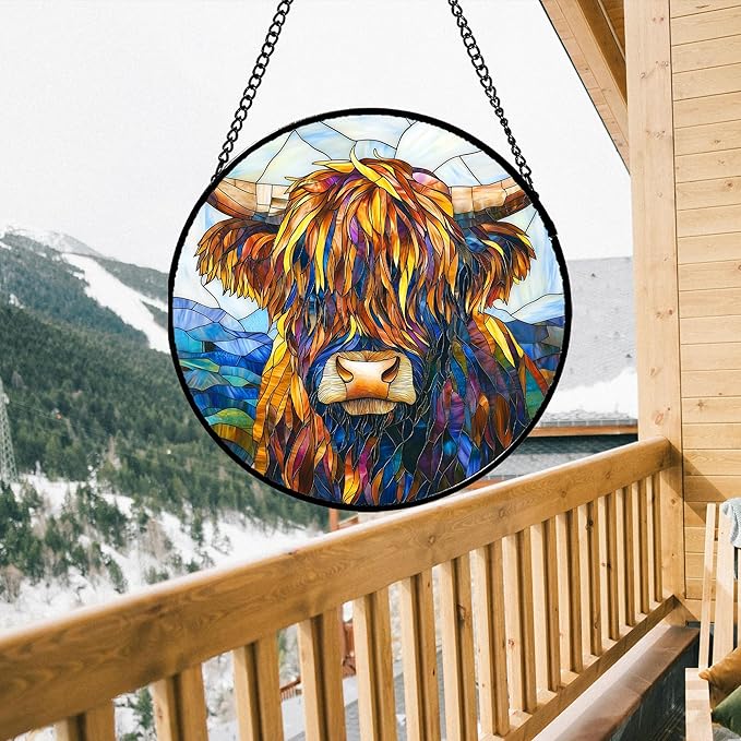 Stained Glass Window Hanging - Highland Cattle Suncatcher for Door Terrace Garden Home Decor Western Style Brown Cow Sun Catcher Birthday Gifts for Lovers Women Men Dad Mom Nana 9.8 in
