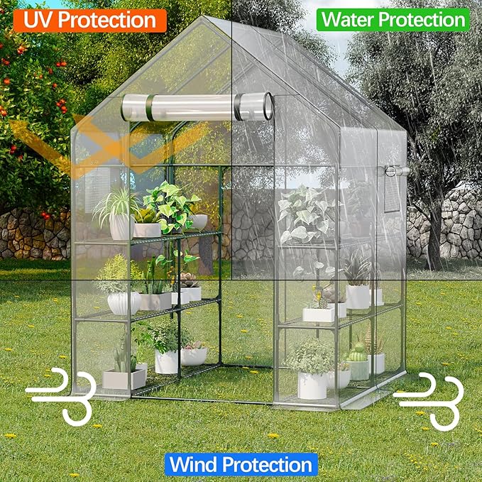 Walk in Greenhouse, 56x56x77 Inch Waterproof Green Houses for Outside, Portable for Outdoors with Roll-Up Zipper, Secure Hooks, Small Indoors Warm, 12 Shelves Walk-in (6.4x4.7x4.7FT)