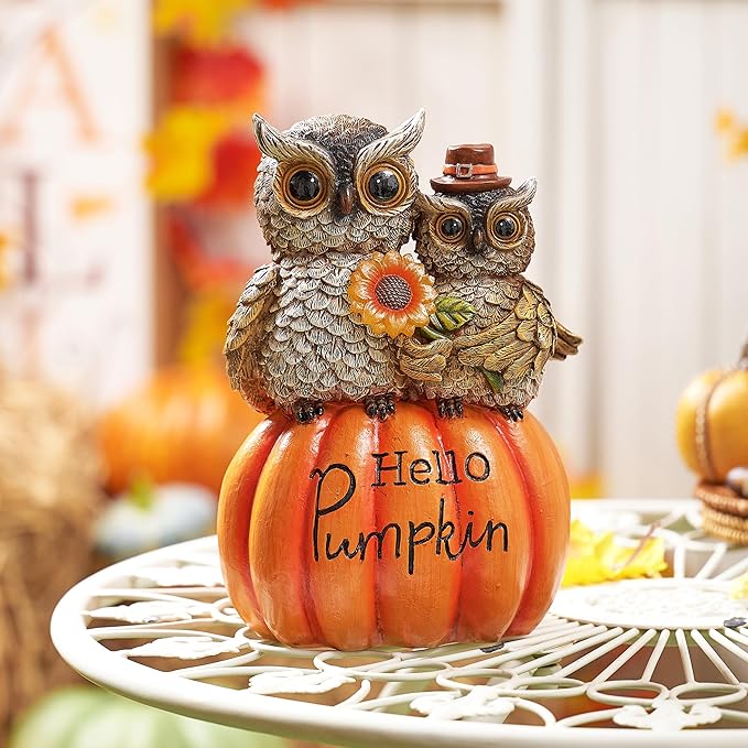 TERESA'S COLLECTIONS Fall Decor, Fall Owl Decor, Owl Perch on Pumpkin with Solar Light, Outdoor Fall Decor Waterproof Resin, Fall Gifts Outdoor/Indoor, 7.1"