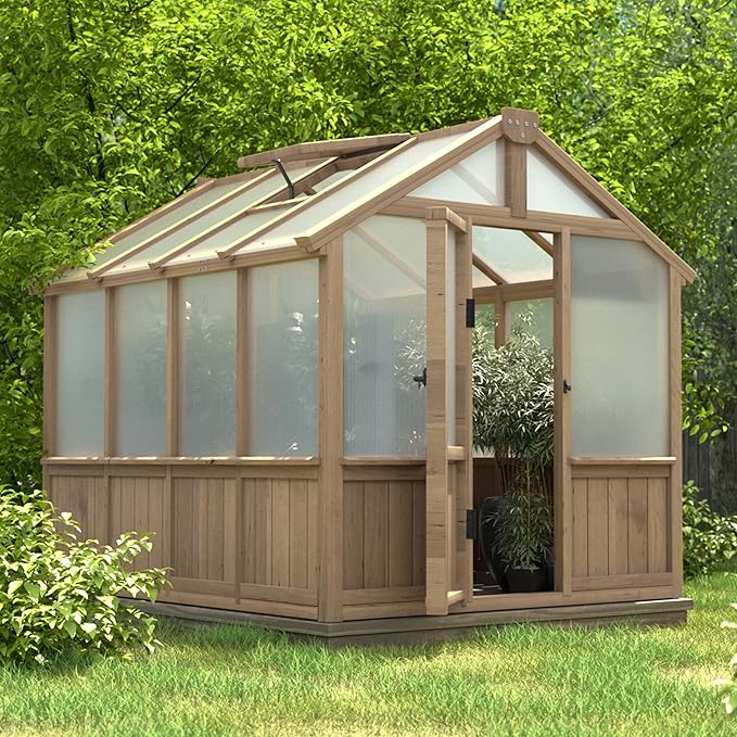 VEIKOU 6' x 8' Wooden Greenhouse for Outdoors with Cedar Frame, 6MM Thick Polycarbonate Panel, Green House with Adjustable Vent for Outside, Garden, Backyard, Light Mocha Brown