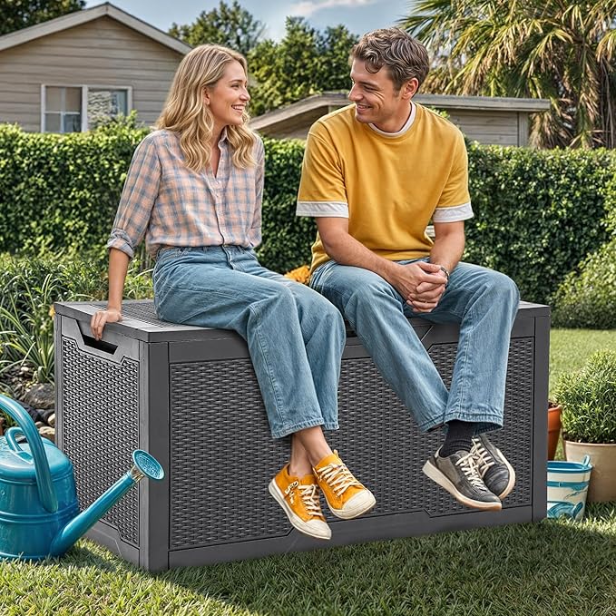 YITAHOME 100 Gallon Outdoor Storage Box, Large Water Resistant Resin Deck Box, Indoor Outdoor Lockable Storage Container for Patio, Garden, Cushions, Tools, Equipment (Dark Gray)