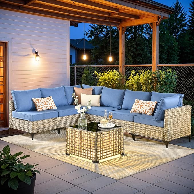 HOOOWOOO Outdoor Patio Furniture Set,7 Pieces Wicker Out Door Sectional Furniture L Shaped Couch,Outside Patio Conversation Sets with LED Table,Blue