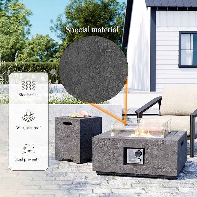 Cosiest Propane Fire Pit with Wind Guard&Tank Cover for Outside, 28 in Square Gas Fire Pits for Outdoor Patio, CSA Certified, 50000 BTU Concrete Rectangle Base with Rain Cover, Free Lava Rocks