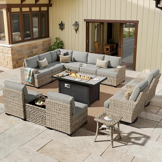 HOOOWOOO Outdoor Sectional Patio Furniture Set with Fire Pit Table,13 Pieces Wicker Conversation Sets L Shaped Couch,Extra Deep Out Door Sofa Outside Furniture with Swivel Chairs,Charcoal Gray