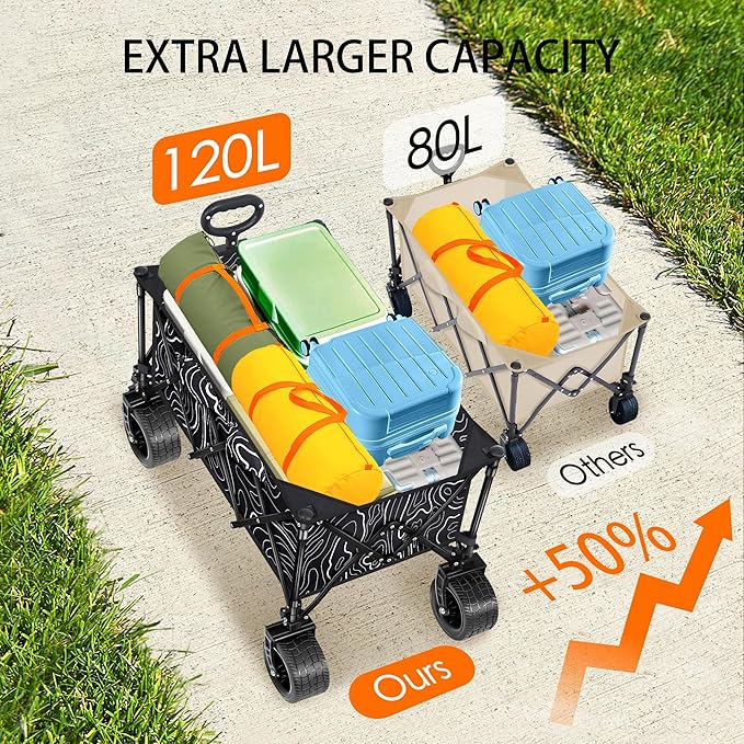 Collapsible Wagon with Big Wheels, Wagons Carts Foldable 400LBS Large Capacity, Heavy Duty Utility Cart Grocery Wagon w/Side Pockets and Brakes, All-Terrain Beach Cart for Camping, Sports, Shopping