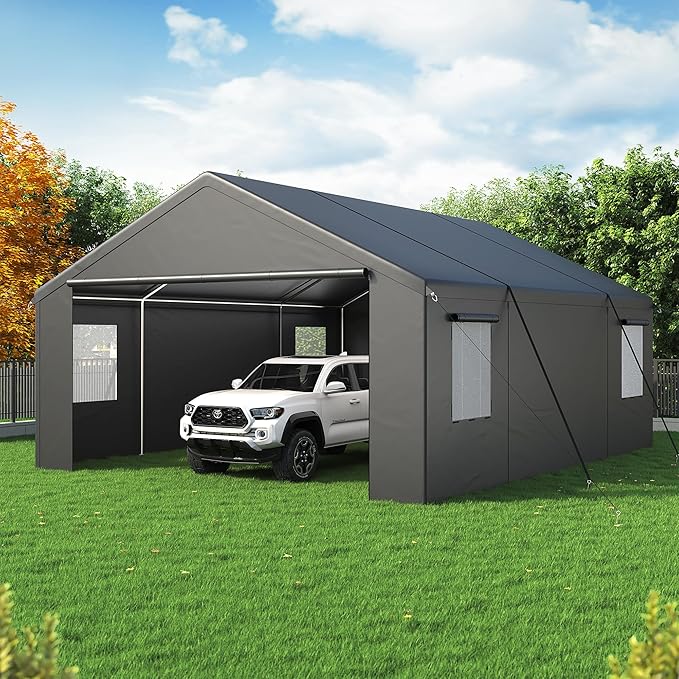 Polar Aurora Carport 20x20 FT, Heavy Duty Car Port Canopy, with 2 Side-Opening Door & Roll-Up Windows, Outdoor Portable Garage for Car, Truck, Boat, Motorcycle