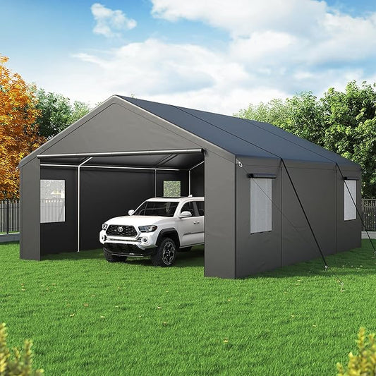Polar Aurora Carport 20x20 FT, Heavy Duty Car Port Canopy, with 2 Side-Opening Door & Roll-Up Windows, Outdoor Portable Garage for Car, Truck, Boat, Motorcycle