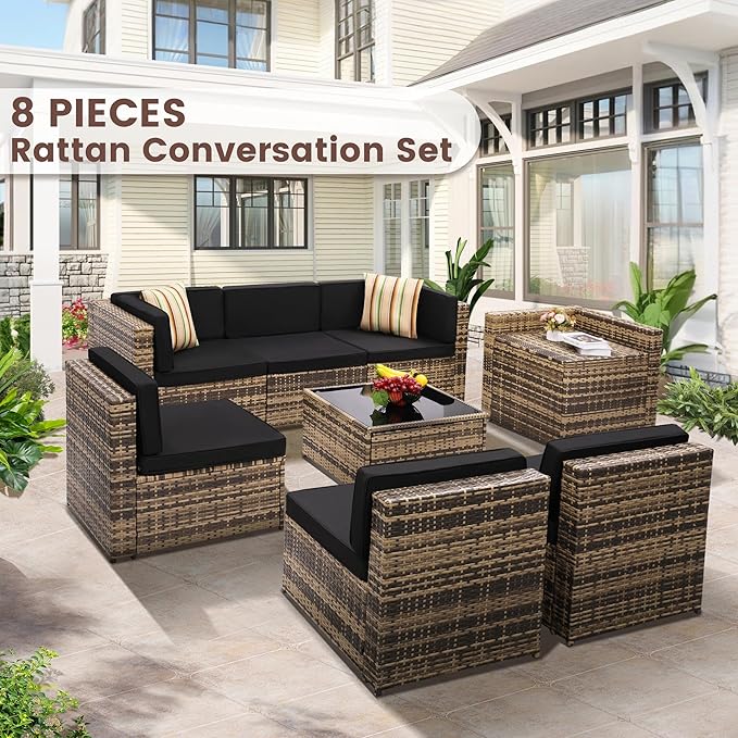 8 Pieces Outdoor Wicker Rattan Patio Furniture Sectional Set, Glass Top Table with Hidden Storage, 7 Sofa Sections, Oversized Cushions, Natural Color Rattan with Black Cushion