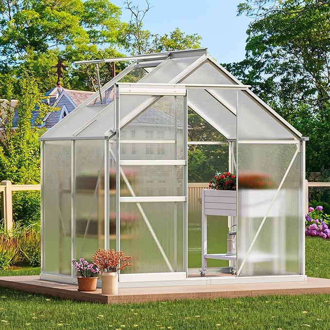 YITAHOME 6x4FT Polycarbonate Greenhouse Heavy Duty Green Houses Outdoor Aluminum Greenhouses with Sliding Doors Vent Window Walk-in Greenhouse Large Sun House for Garden Backyard, Sliver