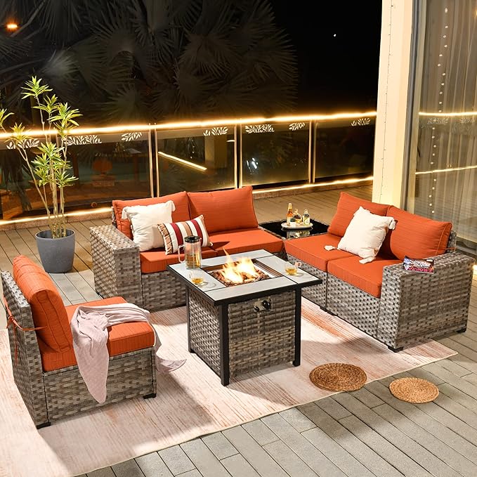 HOOOWOOO Modular Patio Outdoor Sectional Furniture Set with Gas Propane Fire Pit Table,7 Piece Wicker Conversation Sofa Set,Out Door Couch Set with Wide Arm Outside(Orange Red)