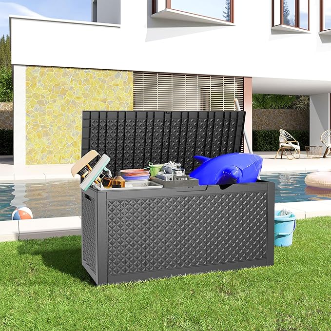 100 Gallon Large Deck Box,Resin Outdoor Storage Box with Lockable for Patio Furniture, Pool Accessories, Garden Tools Waterproof Outside Storage Box, Black Lozenge