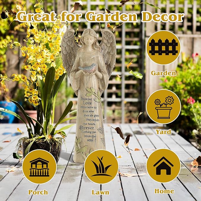 Garden Resin Angel Statue Holding with Bird, Patio and Lawn Decoration Outdoor Waterproof Sculpture Ornament for Angel Memorial Gifts Home Decoration, 10" H