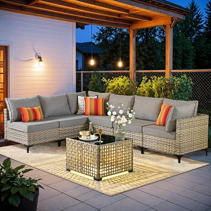 HOOOWOOO Outdoor Patio Furniture Set,7 Pieces Wicker Out Door Sectional Furniture L Shaped Couch,Outside Patio Conversation Sets with LED Table,Charcoal Gray