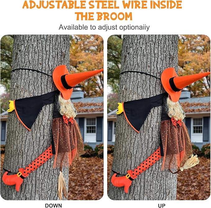53" Crashing Witch Halloween Decoration – Funny Orange Flying Witch Hanging Prop for Yard, Tree, Porch, Patio, and Fall Outdoor Decor