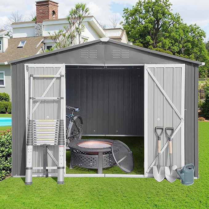 10x12 FT Outdoor Storage Shed, Metal Tool Shed with Lockable Doors & Peaked Roof, Garden Shed with Vented Design for Backyard Garden Patio Lawn, Gray