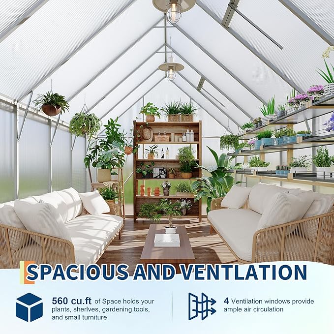 8'X12' Aluminum-Framed Polycarbonate Greenhouse, Heavy Duty Polycarbonate Greenhouse with Quick Setup Structure and Roof Vent, Large Enhanced Aluminum Greenhouses Kit for Outdoors