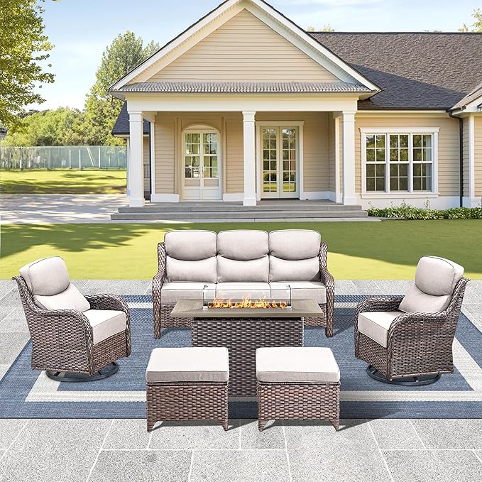 Luxury High Back Outdoor Furniture 6-Inch Thick Cushions with 50,000 BTU Gas Propane Fire Pit Tablet, Patio Furniture Set with Swivel Chairs, 6 PCS for Porch, Balcony, Deck and Yard