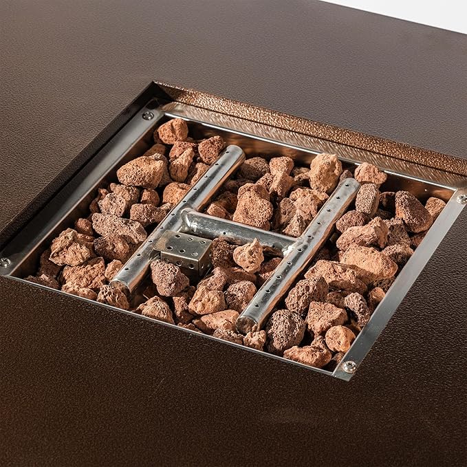 28'' Propane Fire Pit Table, 50,000 BTU Fire Table with Steel Lid, Big Legs, Laval Rocks, Deck Safe Fire Pit, Gas Fire Pits for Outside Patio, Brown.