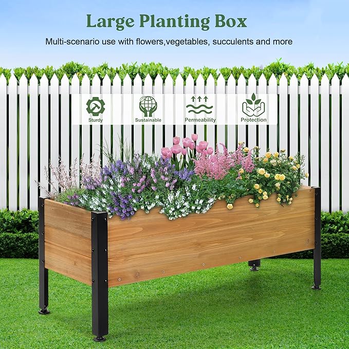 Wood Rectangular Garden Planter Box Raised Garden Bed Outdoor,Planters for Outdoor Plants 37x13x15in Elevated Planter Box for Herbs Vegetables Flowers Great for Patio Deck Balcony